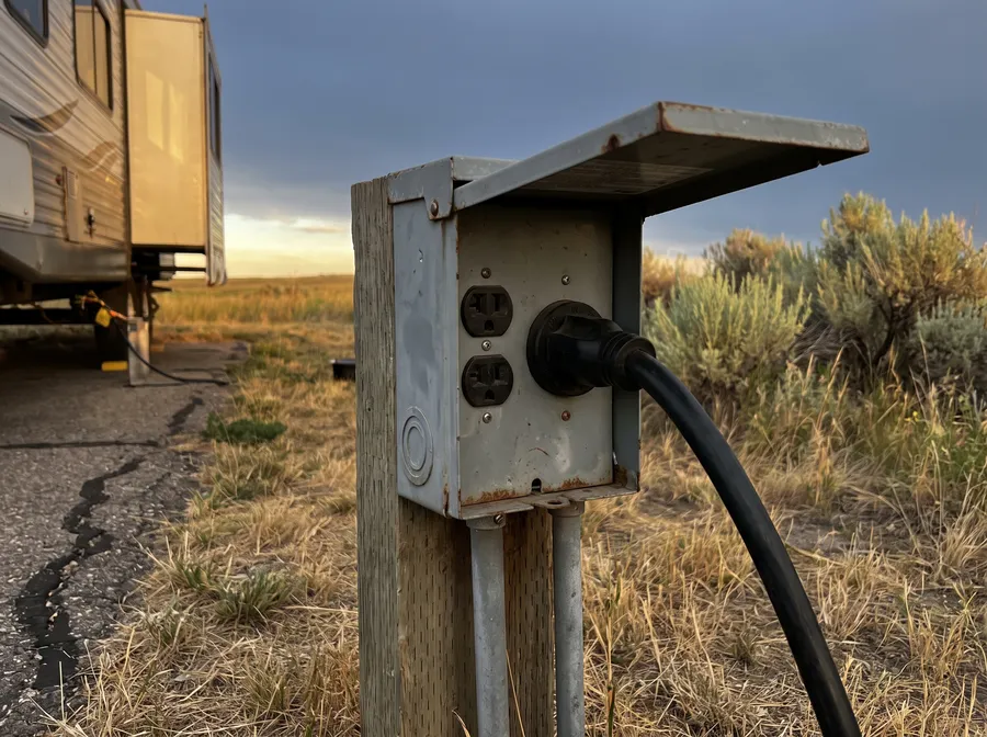 Generated scene: an outdoor campground power post with its cover open and a thick black cord plugged in, a trailer and dry grass behind it.