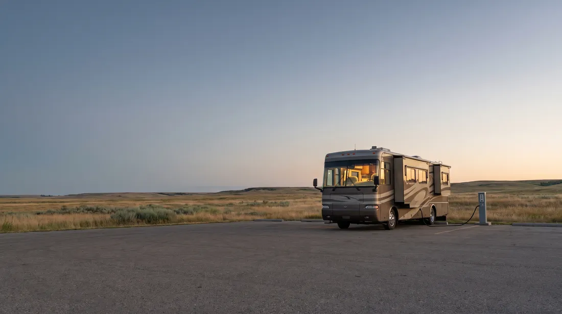 Generated scene: a large motorhome parked alone on a wide paved lot at dusk, plugged into a short power post, with prairie grass and low hills behind.